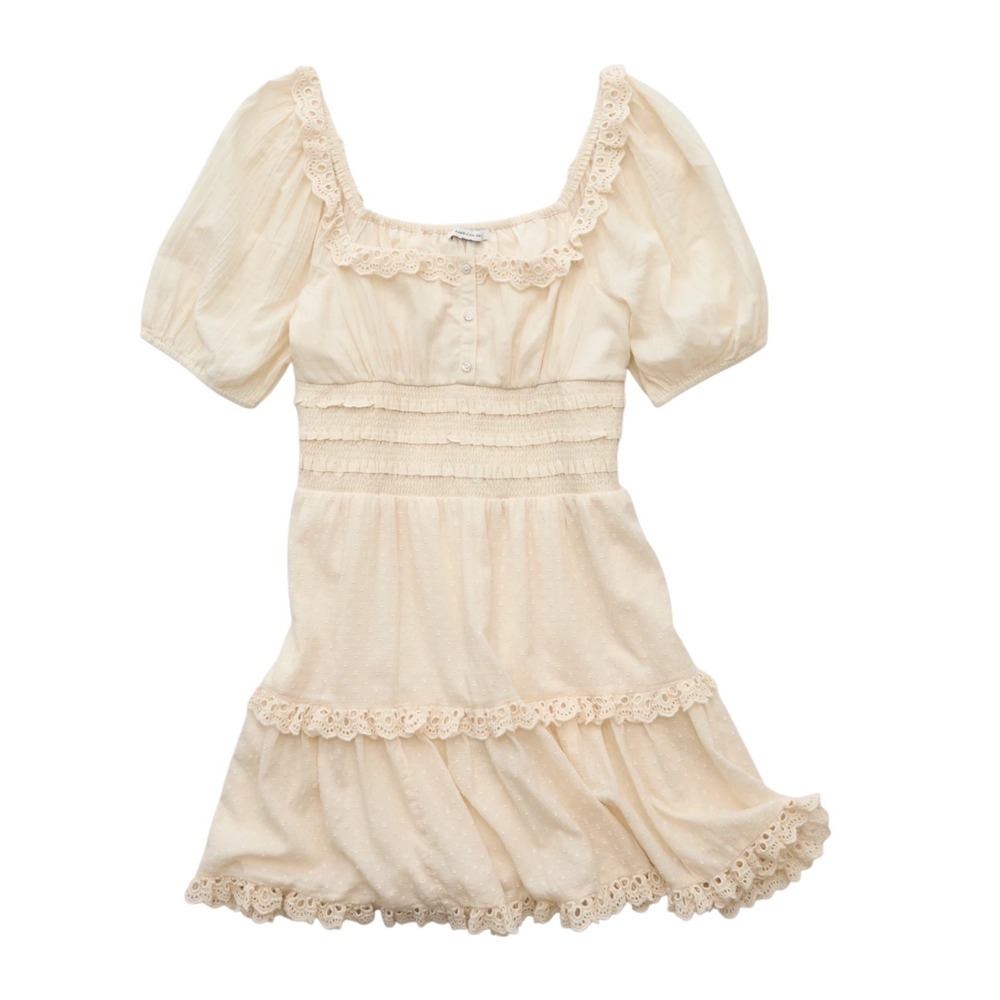 AE Women's XL Cotton Puff Sleeve Tiered Mini Dress Smocked Cottagecore Romantic